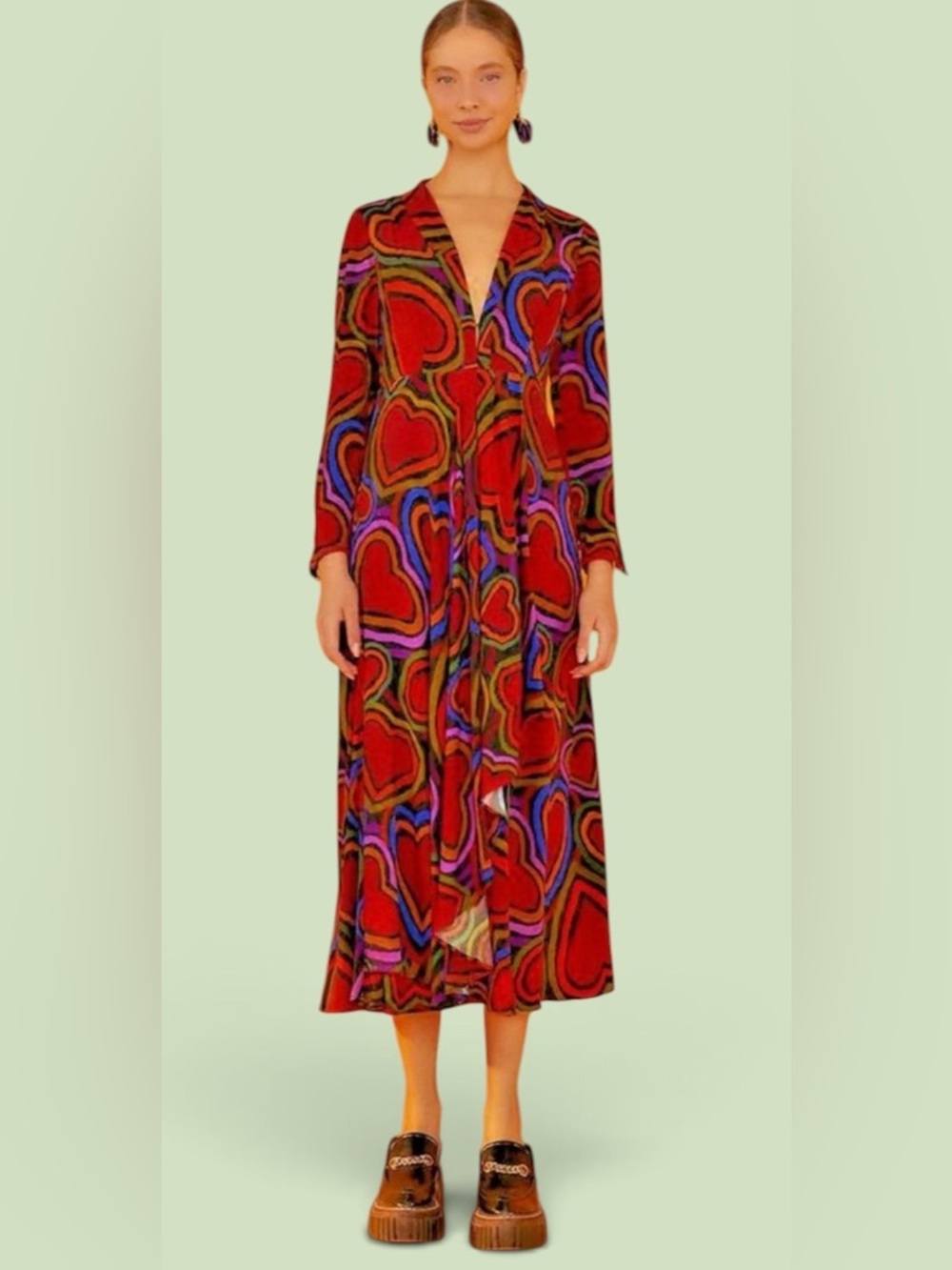 Farm Rio Rainbow Wild Hearts, Valentine Long Sleeve Maxi Dress Sz S Retail $220